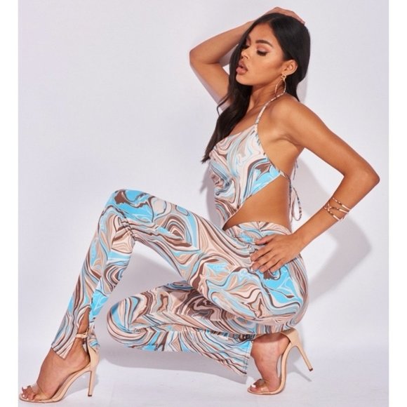 Blue Marble Print Sleeveless Backless Crop Top and Leggings Pants Two Piece Set - Picture 13 of 16